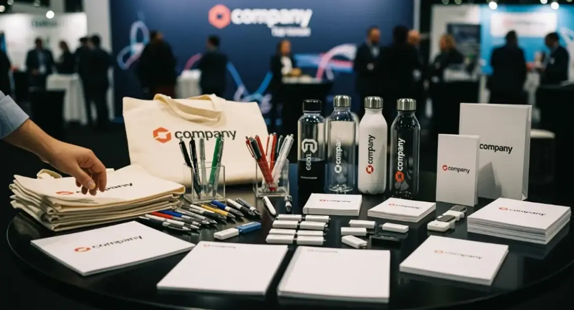 Branded merchandise prepared for a hotel conference