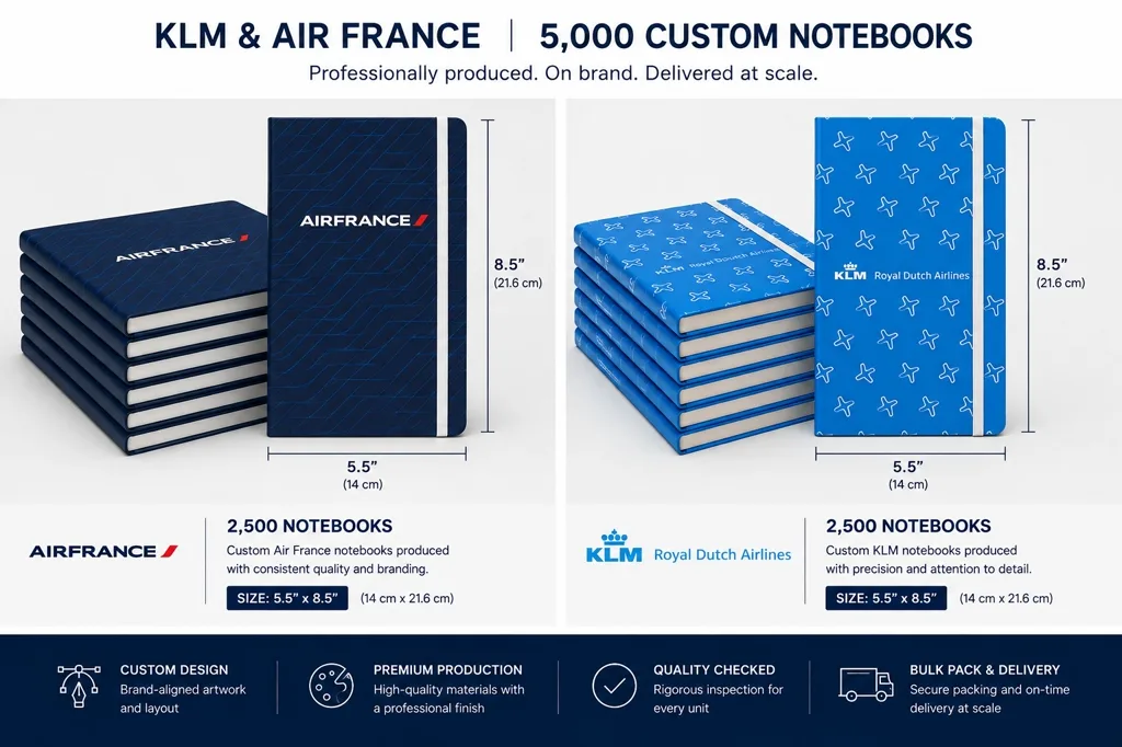The two notebooks side by side. Air France in dark navy with a blue linear pattern and the wordmark in white with its red accent; KLM in bright blue with a repeating white aircraft pattern and the Royal Dutch Airlines identity. 2,500 of each, 5.5 by 8.5 inches (14 by 21.6 cm).