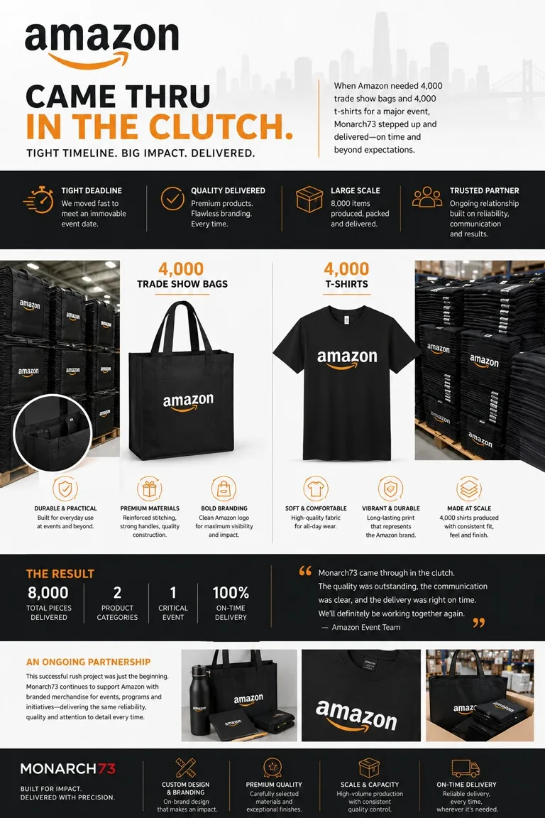 The delivered merchandise: a black non-woven trade show bag with the Amazon wordmark, a black T-shirt carrying the same mark, and warehouse pallets stacked with folded shirts and bags ready to ship. 4,000 of each, 8,000 pieces in total, delivered on time.