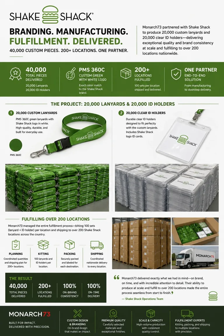 The program end to end: a PMS 360 C green lanyard with the Shake Shack logo in white, a clear ID holder with a matching card, pallets of finished lanyards and stacked ID holders, and cartons kitted 100 sets to a location ready for shipping.