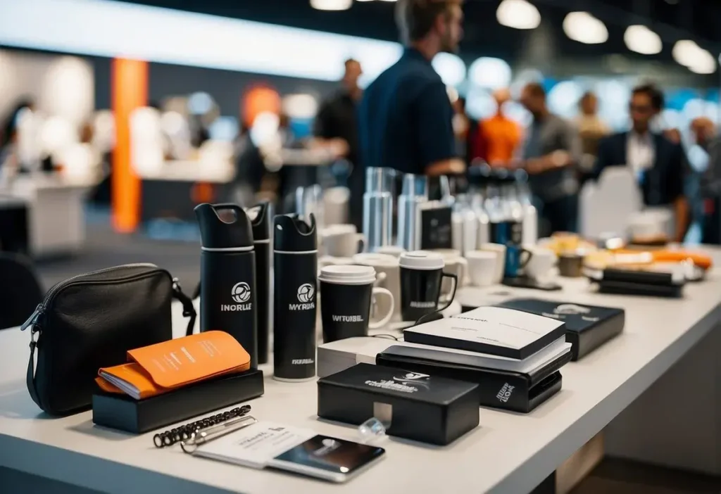 A table laid out with branded promotional items
