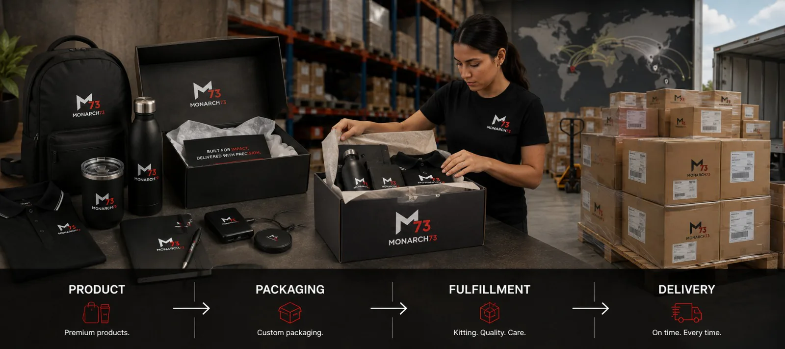 Branded merchandise, a Monarch73 gift box being packed in a warehouse, and labeled cartons palletized for shipment — product, packaging, fulfillment and delivery in one frame