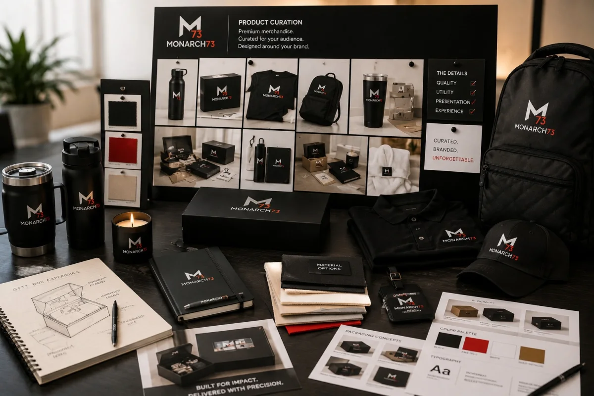 A curation board of candidate products beside fabric swatches, a packaging concept sheet and a sketched box layout