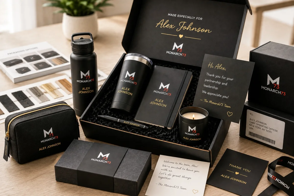 A gift box personalized for one recipient — their name on the bottle, tumbler, notebook, pen and card