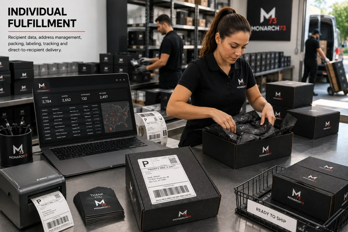 Completed boxes being labeled for individual recipients, with a shipment tracker showing orders by name and city