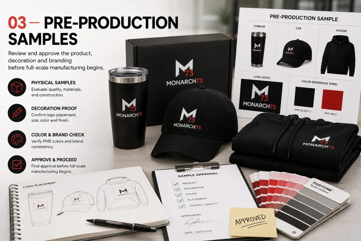 Pre-production samples of a tumbler, cap and hoodie with a signed sample approval checklist and logo placement drawings