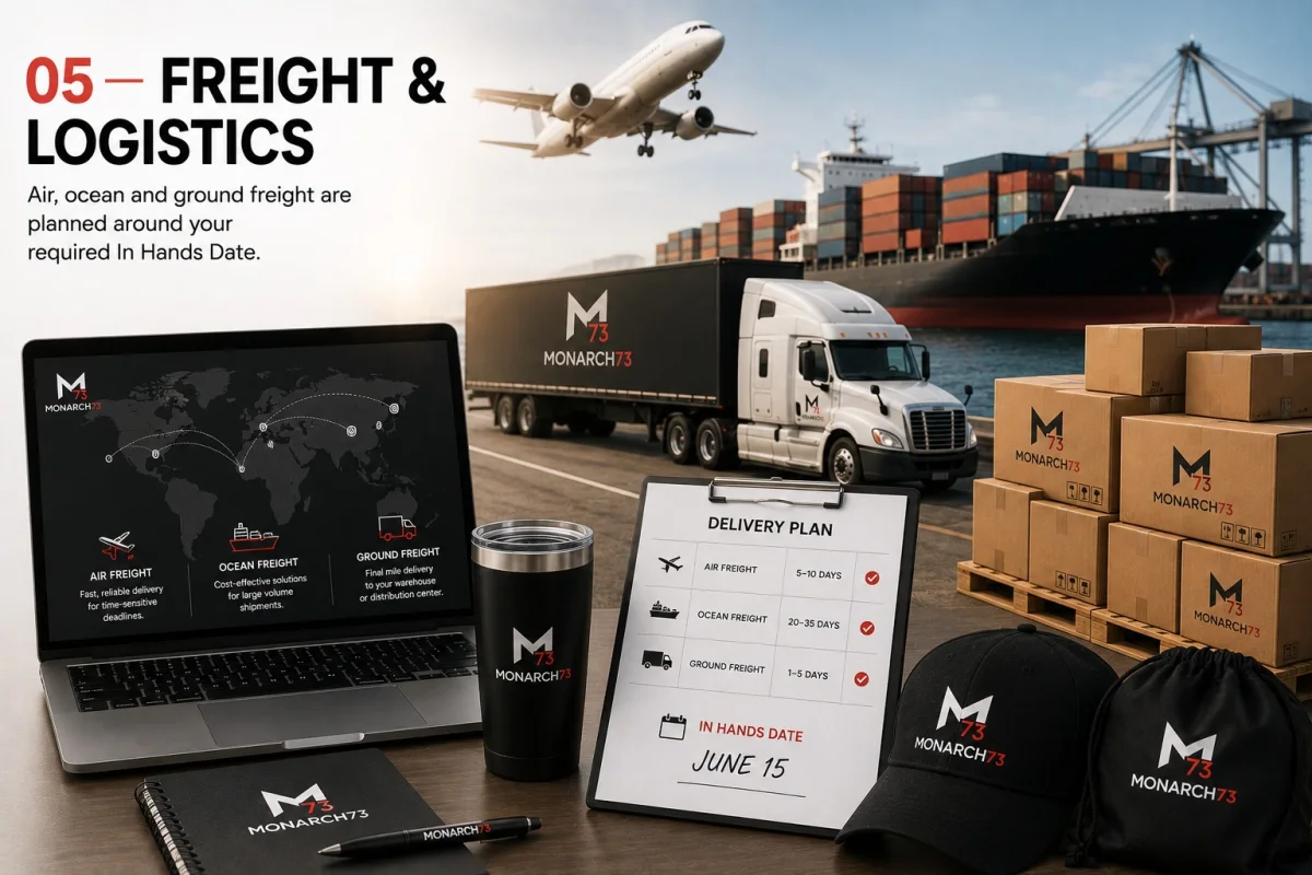 A delivery plan comparing air, ocean and ground freight against an in-hands date, with a container ship, aircraft, truck and palletised cartons