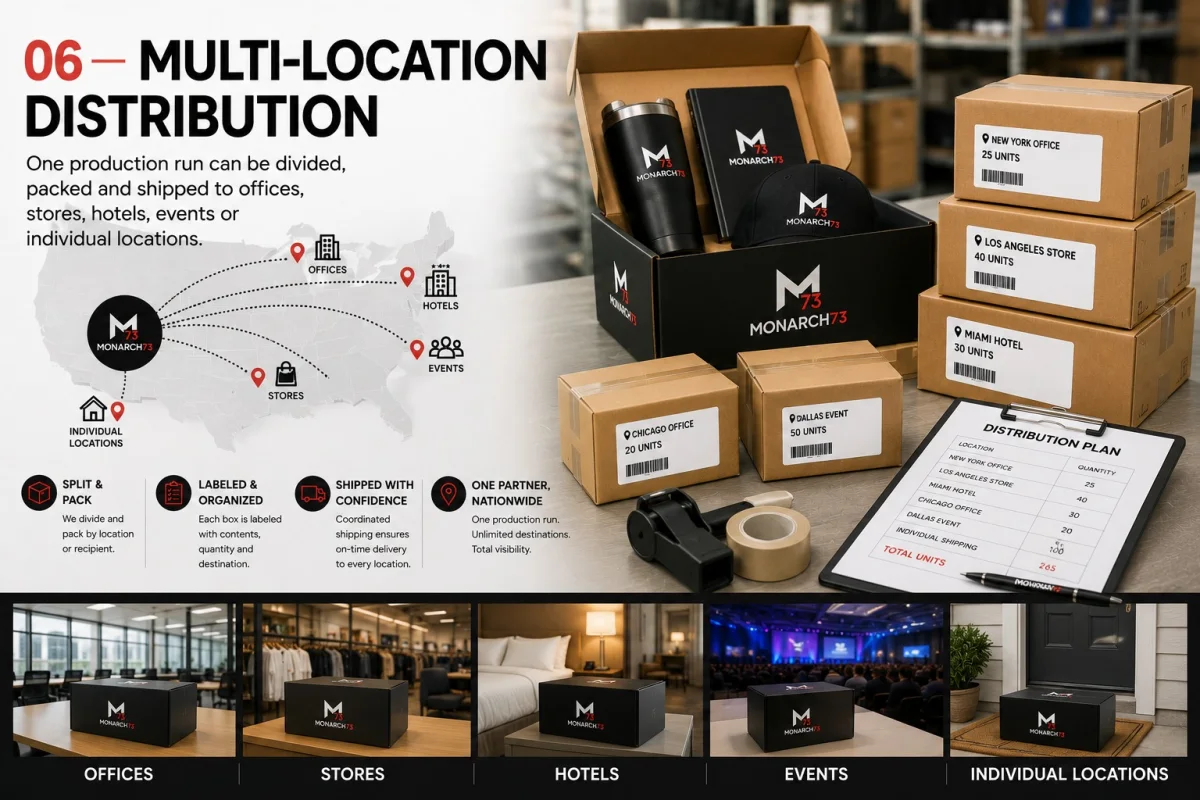 One production run split into cartons labeled for offices, stores, hotels and events, beside a distribution plan