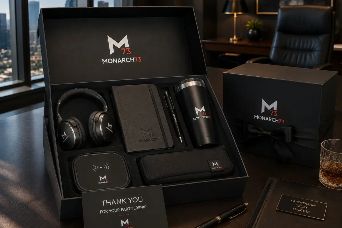 A rigid presentation gift box on an executive desk holding headphones, a leather notebook, pen, insulated tumbler, wireless charger and a tech organizer, with a partnership thank-you card
