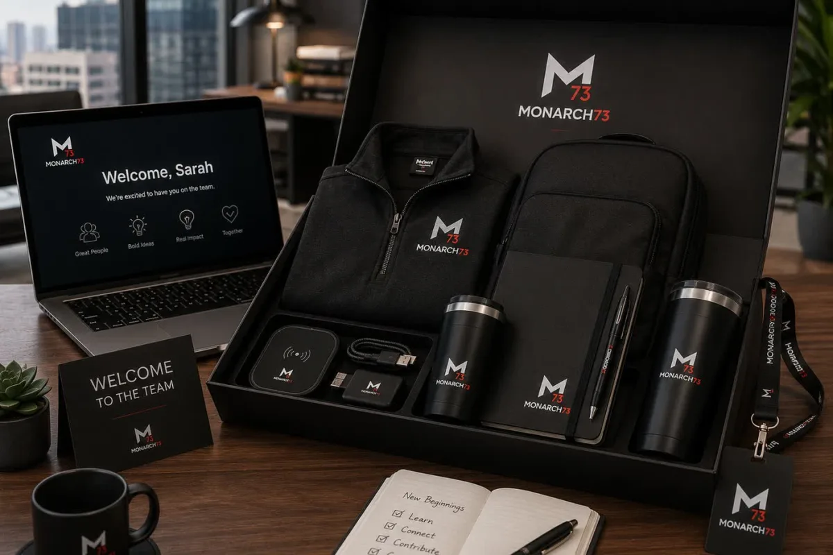 An open onboarding kit — quarter-zip, backpack, tumblers, notebook, pen, wireless charger, cables and a lanyard — beside a laptop greeting a new hire by name and a welcome card
