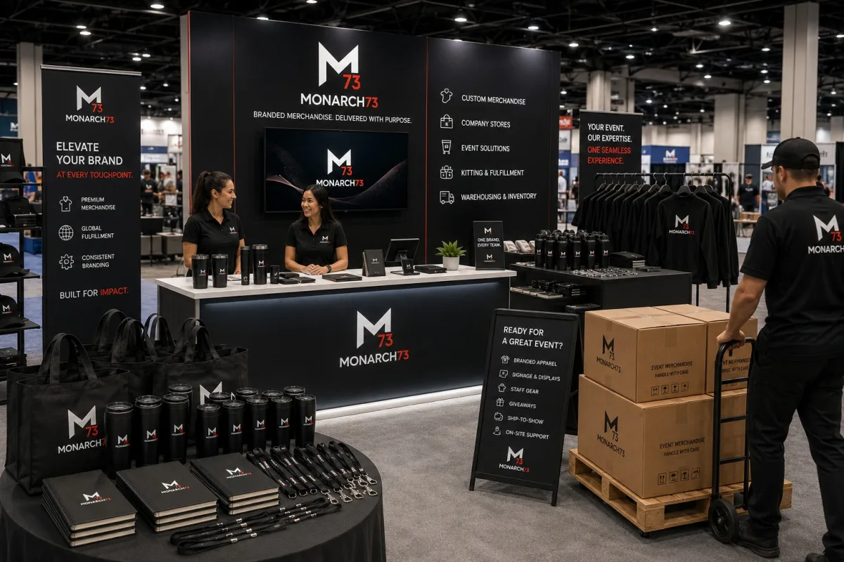 A corporate conference booth with staffed counter, apparel on a rack, tote bags, tumblers, notebooks and lanyards, and event cartons arriving on a hand truck