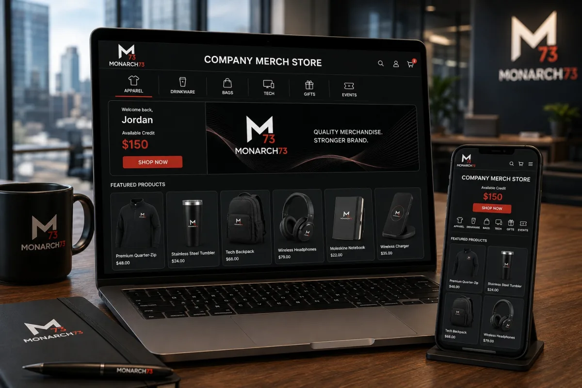 A company merchandise store on a laptop and phone, with apparel, drinkware, bags, tech, gifts and events categories, product prices and the signed-in employee's available credit