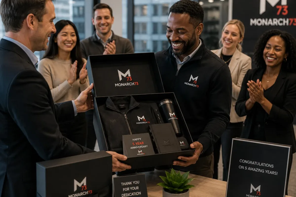 An employee receiving a five-year anniversary gift box — jacket, tumbler, notebook and a recognition card — from a manager while colleagues applaud in an office