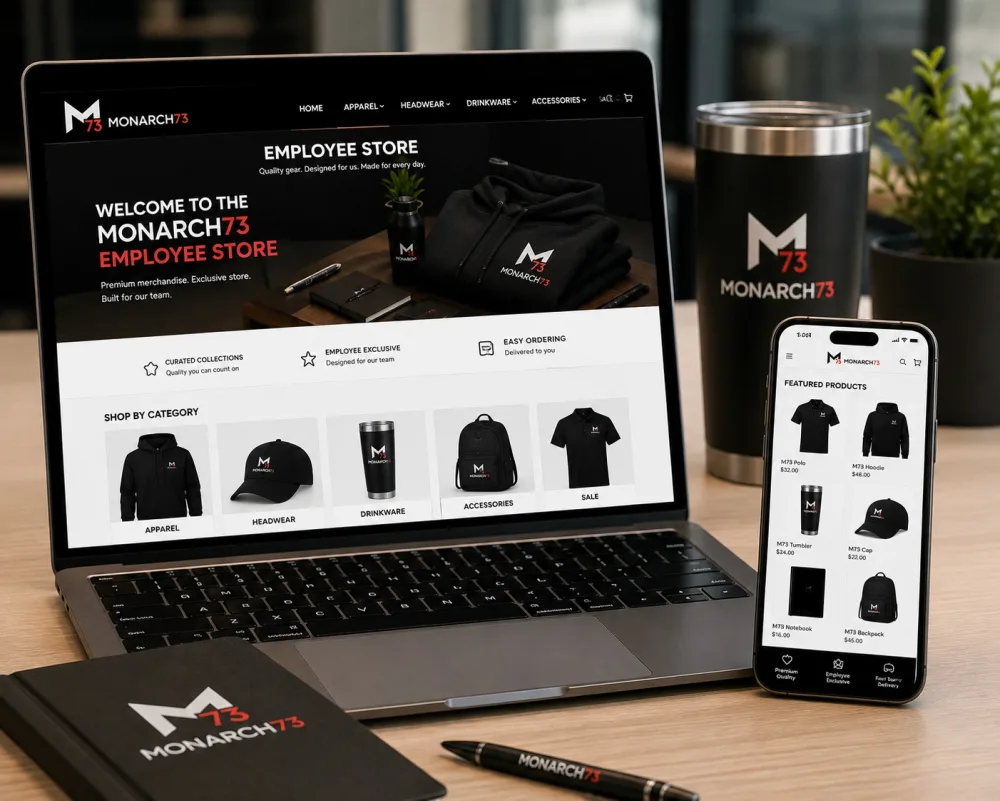 A branded employee merchandise store shown on a laptop and a phone, with apparel, headwear and drinkware to order