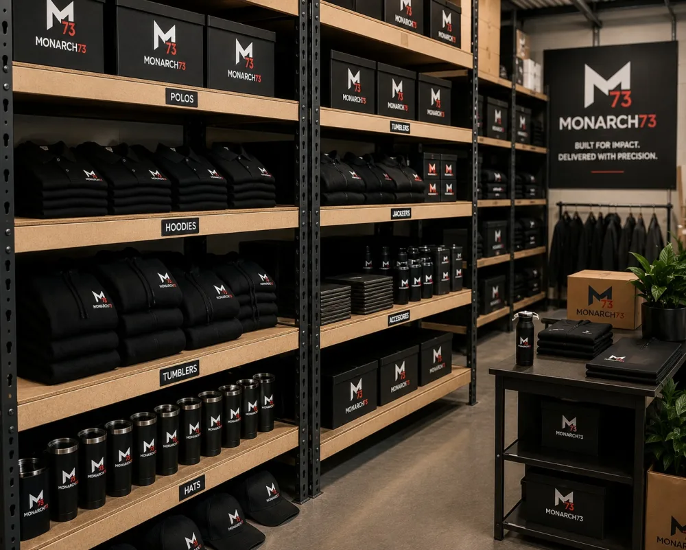 Warehouse shelving holding branded polos, hoodies, tumblers, jackets and hats, each shelf labeled