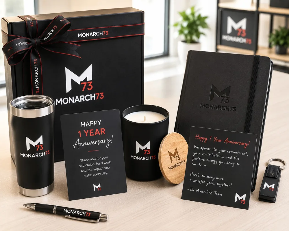A ribboned anniversary gift set with a tumbler, candle, notebook, pen, keyring and a handwritten thank-you card