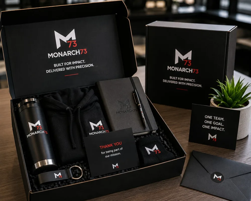 A branded employee box packed with a hoodie, bottle, notebook, socks and keyring, with a thank-you card and envelope