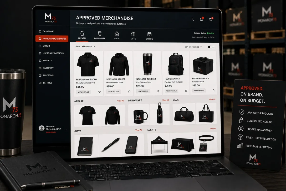 An approved-merchandise screen listing only the products cleared for ordering, grouped into apparel, drinkware, bags, gifts and events