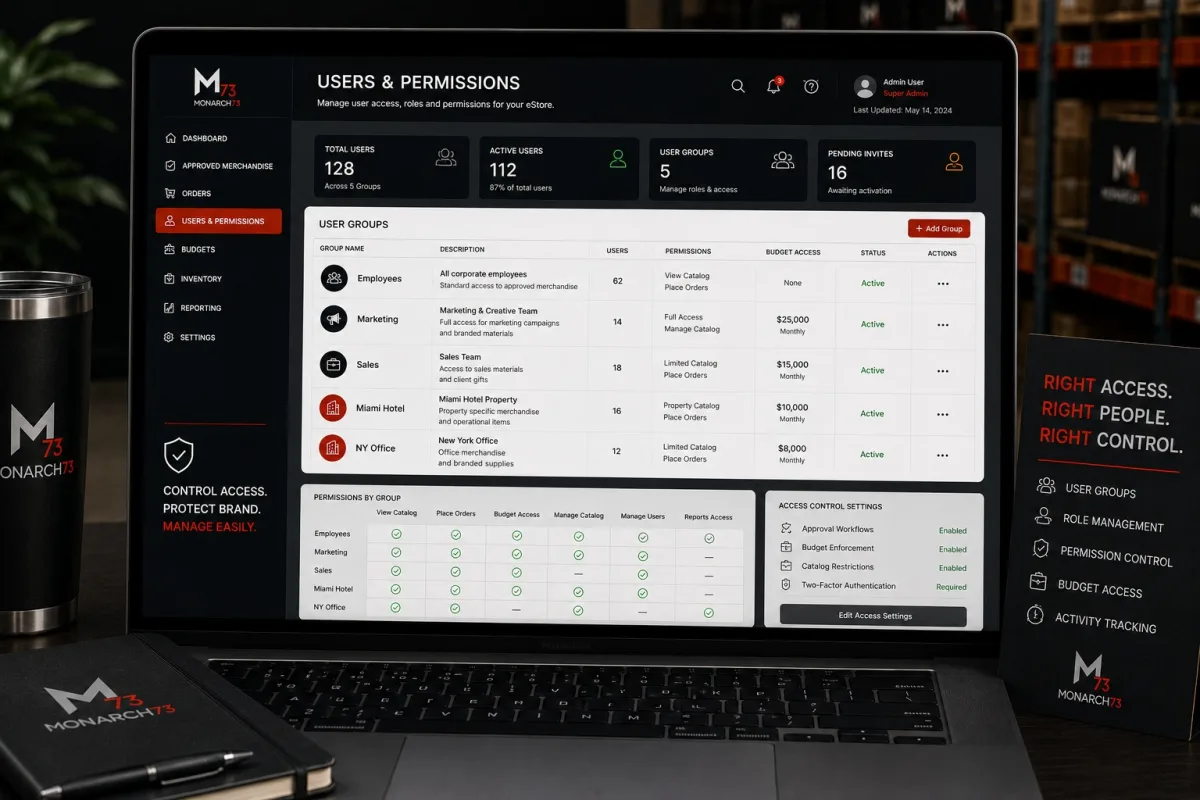 A user groups screen — employees, marketing, sales and two properties — each with its own catalog access and budget