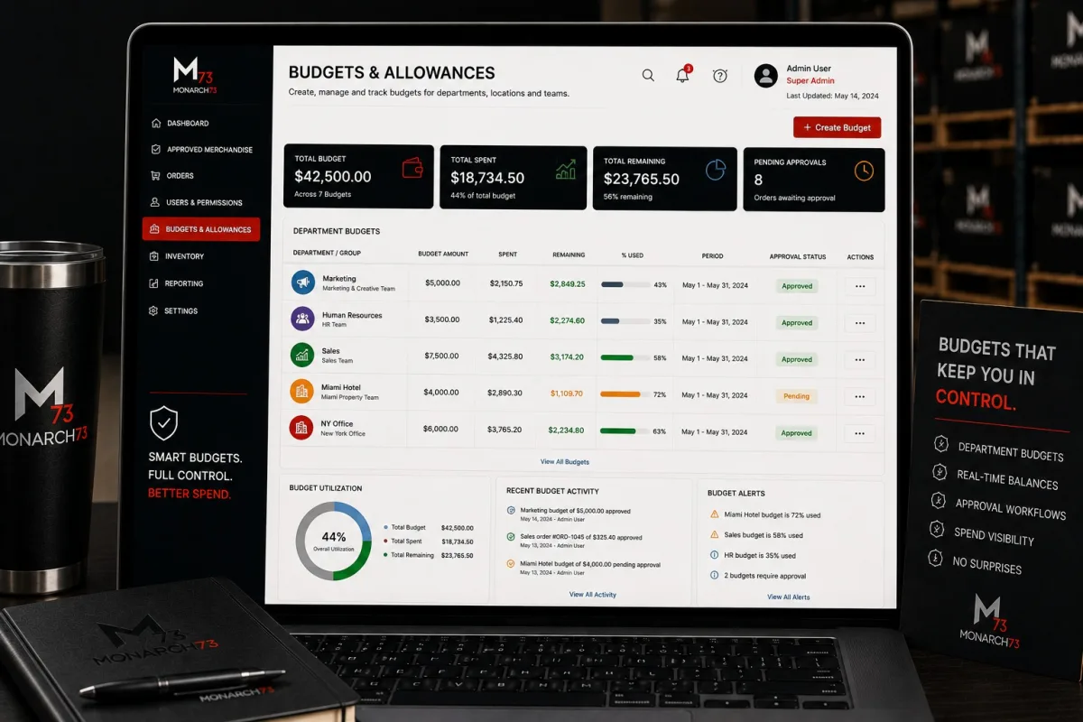 A budgets screen showing each department's allowance, what it has spent and what remains, with orders awaiting approval