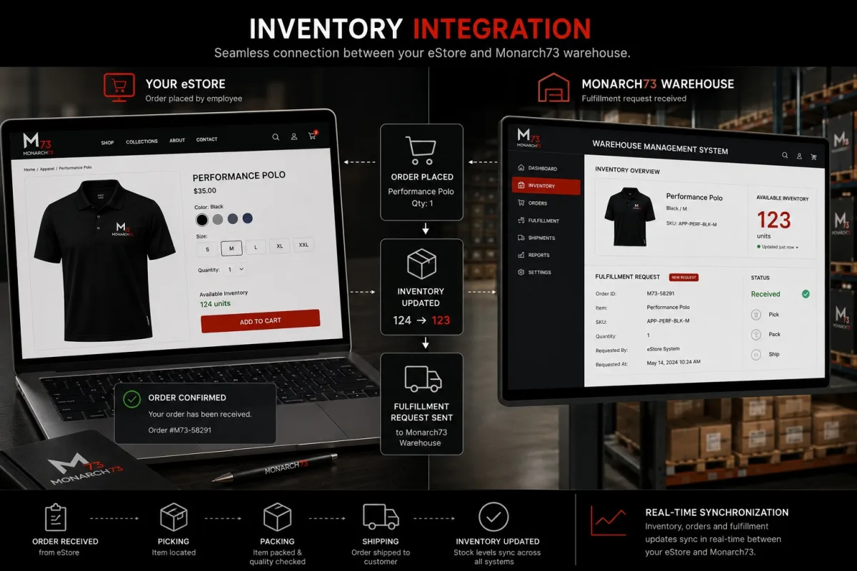 One order followed from the store to the warehouse: placed, the on-hand count stepping down, and the fulfillment request received