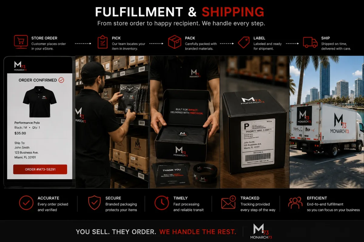 A store order carried through picking, packing, labelling and dispatch to the recipient's address