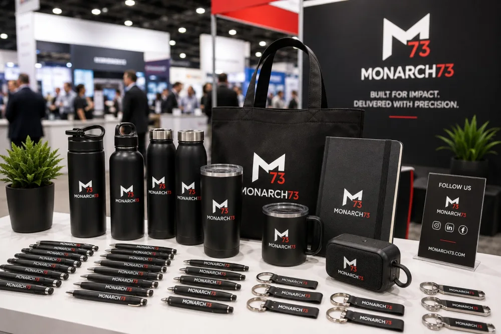 A trade show booth table laid out with branded pens, bottles, tumblers, keyrings, a tote and a notebook