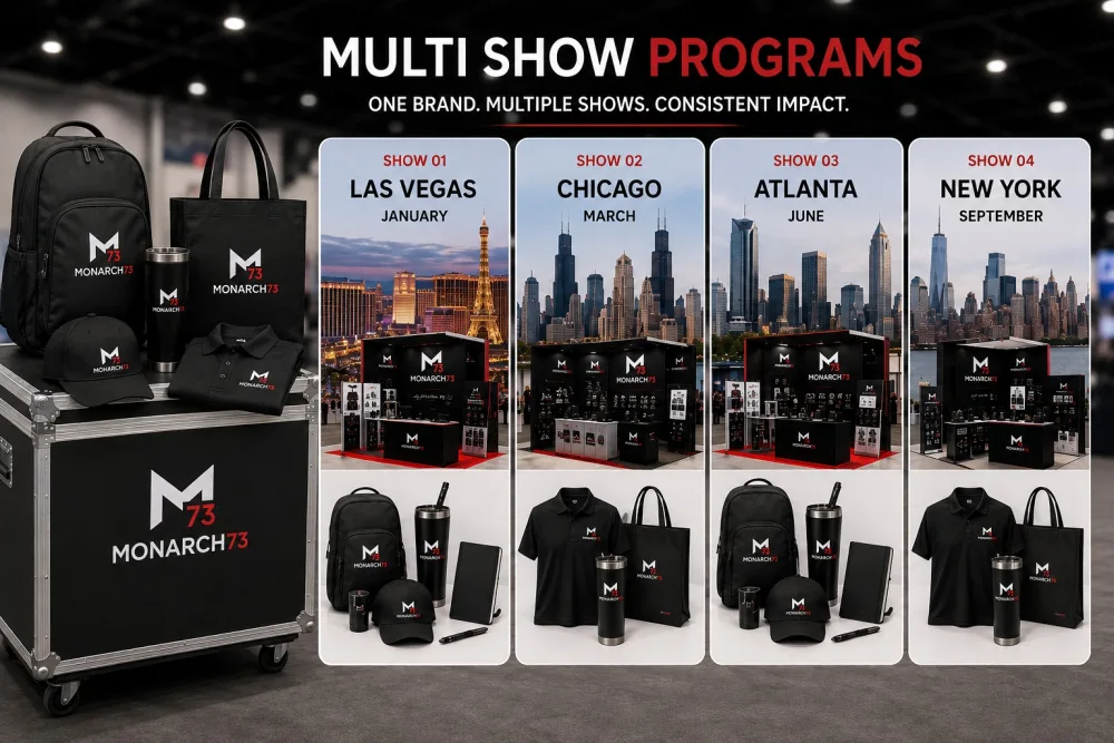 One merchandise program shown across four shows in Las Vegas, Chicago, Atlanta and New York, with its shipping case