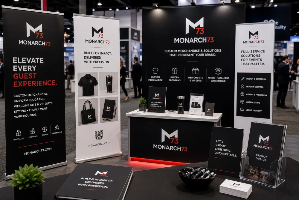 Branded pull-up banners, a backwall, counter signage and printed literature at a booth