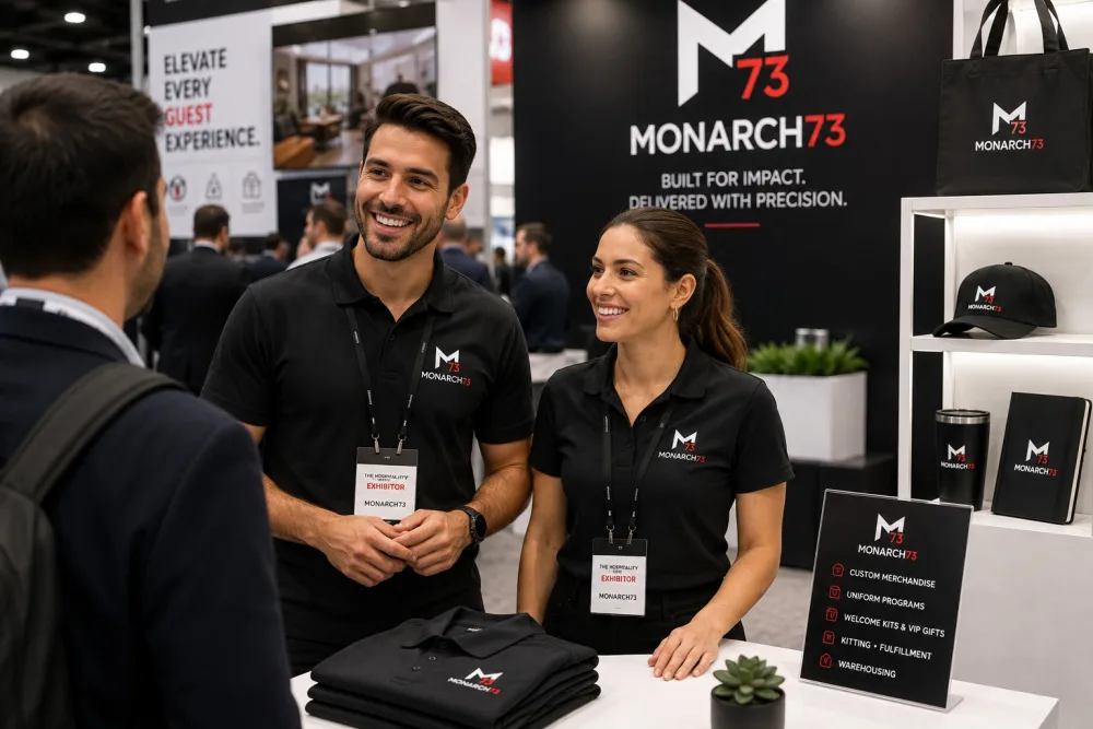Two booth staff in matching branded polos and exhibitor badges talking to a visitor