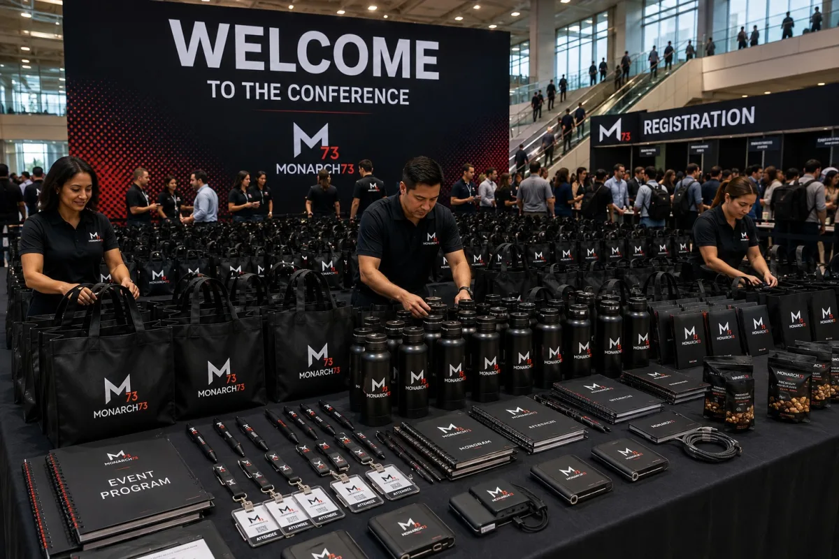 Hundreds of identical attendee kits being assembled at a conference registration hall — totes, bottles, notebooks, pens, badges, lanyards, power banks and event programs — with attendees arriving behind