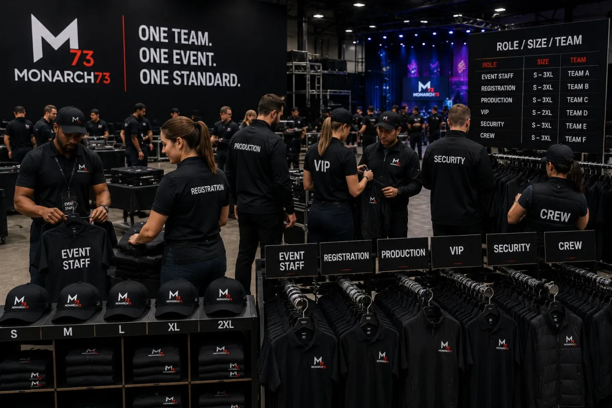 Event apparel racked and boxed by role and size — event staff, registration, production, VIP, security and crew — with staff collecting their own in a backstage production area