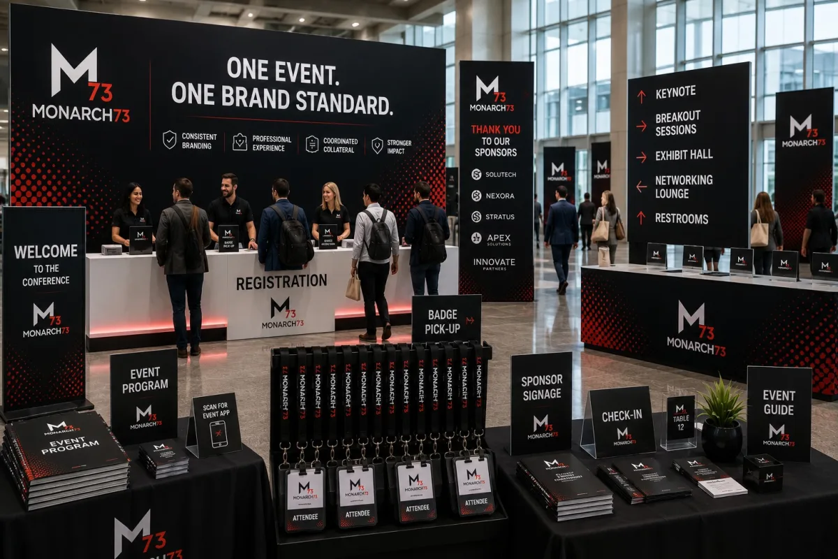 A conference registration area carrying one brand system across backdrop, banners, directional signage, sponsor boards, table signs, badges, lanyards and event programs