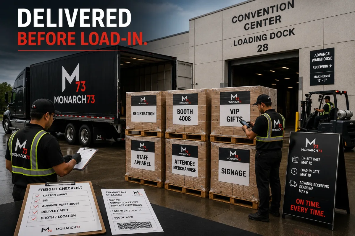 Pallets labeled registration, booth 4008, VIP gifts, staff apparel, attendee merchandise and signage on a convention center loading dock, with freight paperwork, a carton count and the load-in and advance receiving dates posted