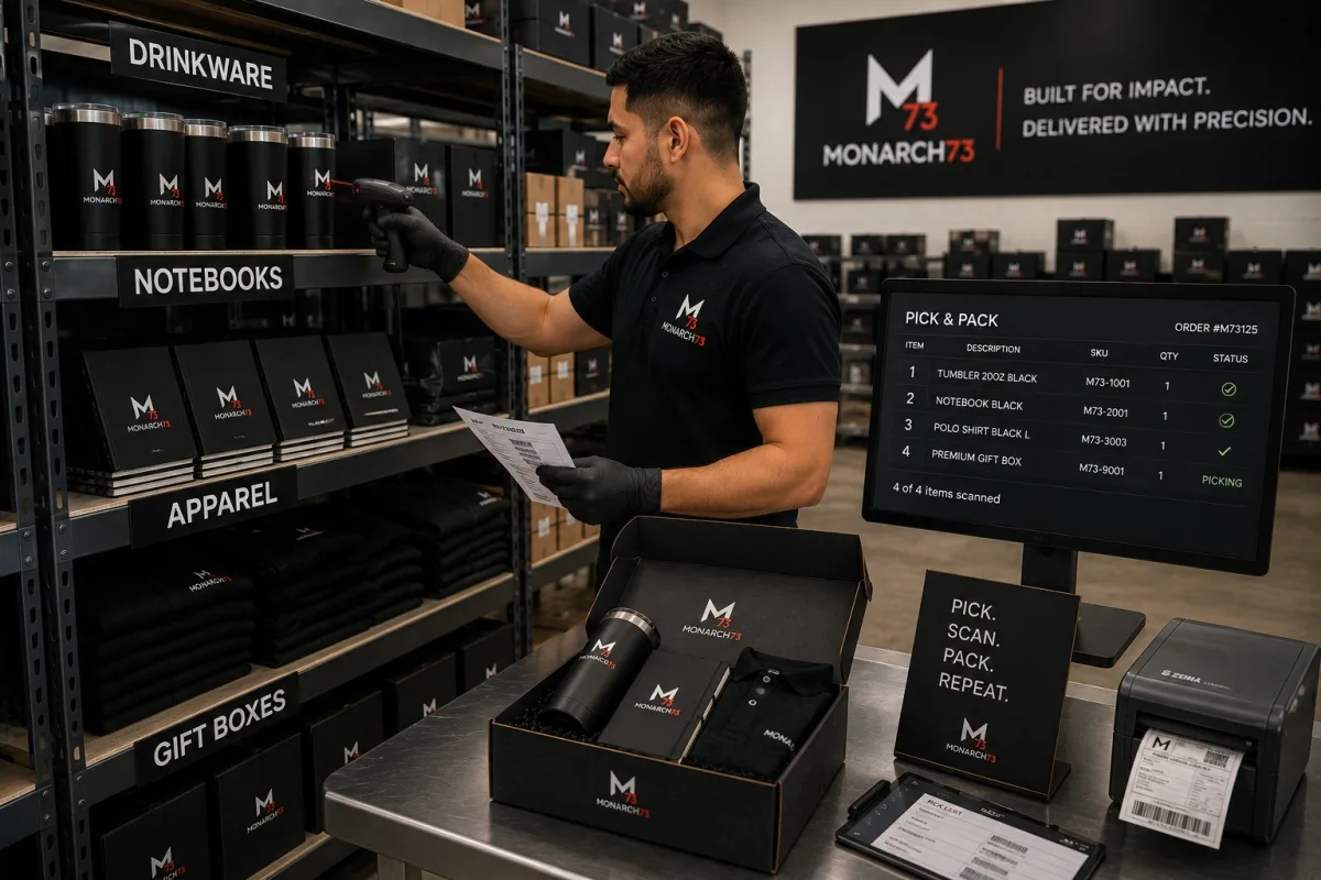 Shelves labeled by category — drinkware, notebooks, apparel, gift boxes — with a picker scanning items against a four-line pick list on screen
