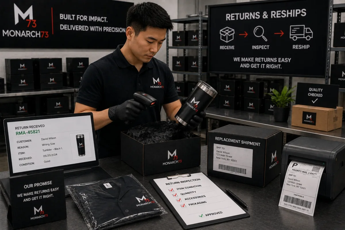 A returns desk where a returned item is scanned and inspected against a checklist while its replacement shipment is labeled