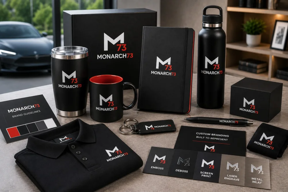 Branded Monarch73 merchandise with a brand guidelines card and decoration swatches — emboss, deboss, screen print, laser engrave and metal inlay