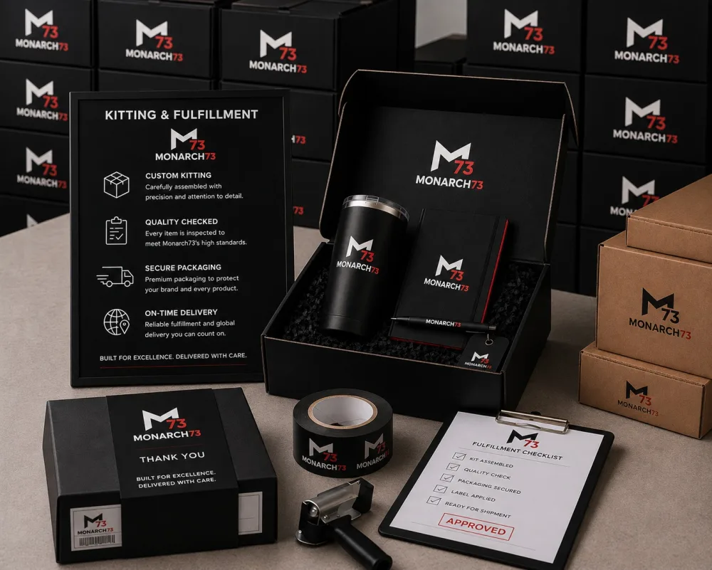 Assembled gift kits, branded cartons and a fulfillment checklist in a packing area