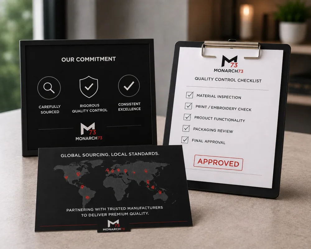 A Monarch73 quality control checklist beside a global sourcing map