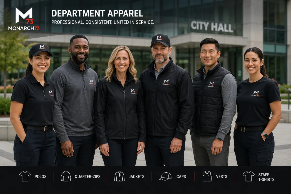 Six municipal staff outside a city hall in coordinated department apparel — polos, quarter-zips, jackets, caps, vests and staff t-shirts