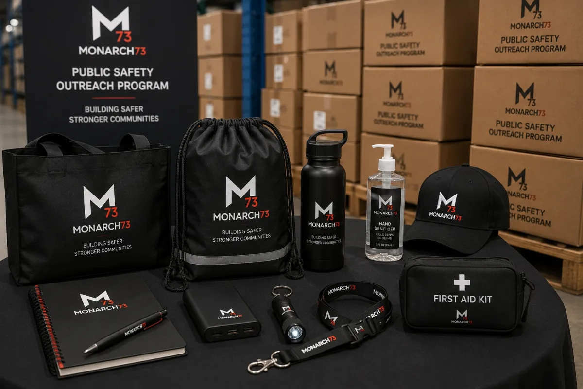 A public-safety outreach kit laid out with program cartons stacked behind