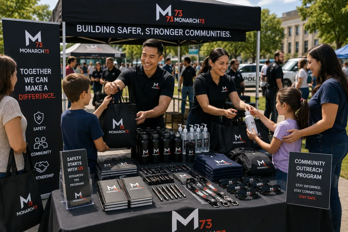 A community outreach booth handing branded totes and bottles to families at a public event