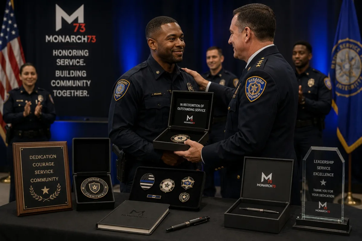 A public-service recognition ceremony with a presentation-boxed challenge coin, plaques and service pins