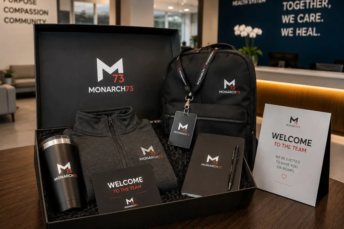An open new-hire kit with branded quarter-zip, tumbler, backpack, lanyard and welcome card