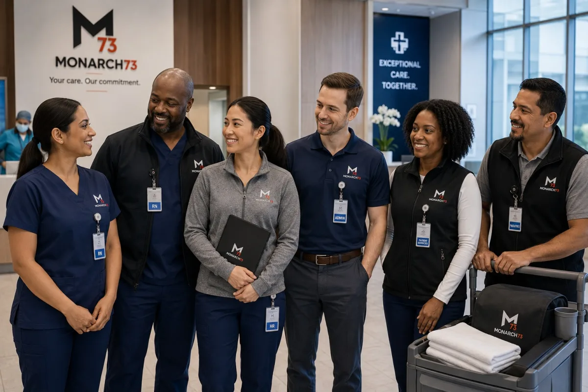Staff from nursing, HR, administration, patient services and facilities in coordinated branded apparel