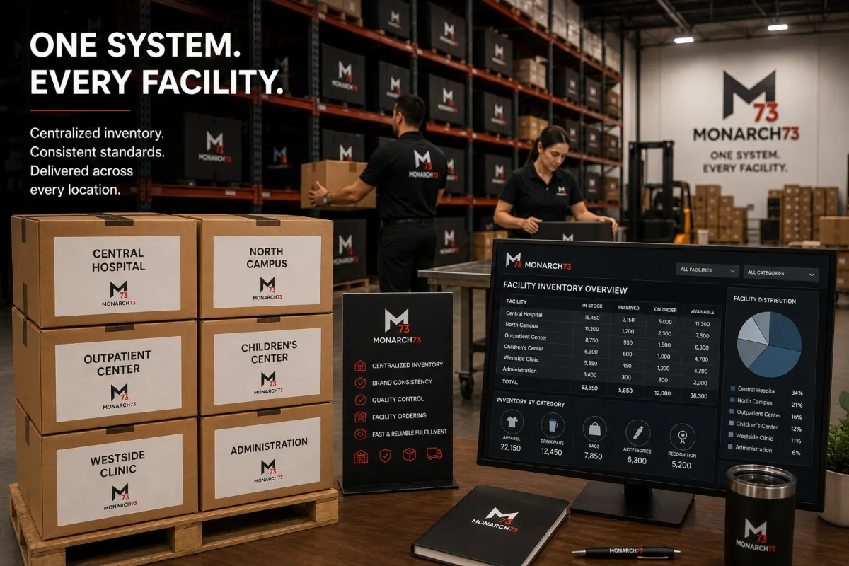 A warehouse holding one health system's inventory with cartons labeled per facility