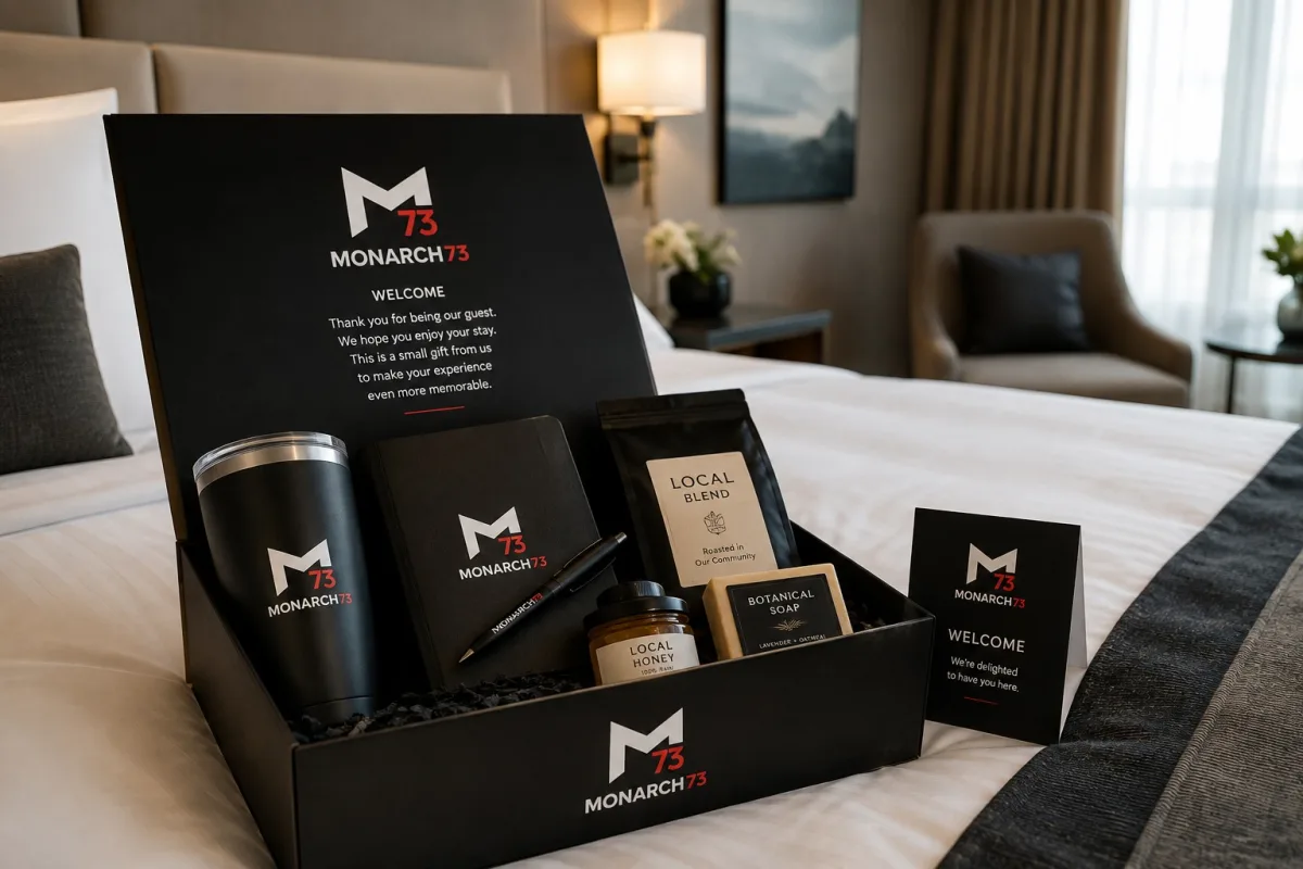 An open welcome box on a made hotel bed holding a tumbler, notebook, pen, local honey, botanical soap and a local coffee blend, beside a welcome card