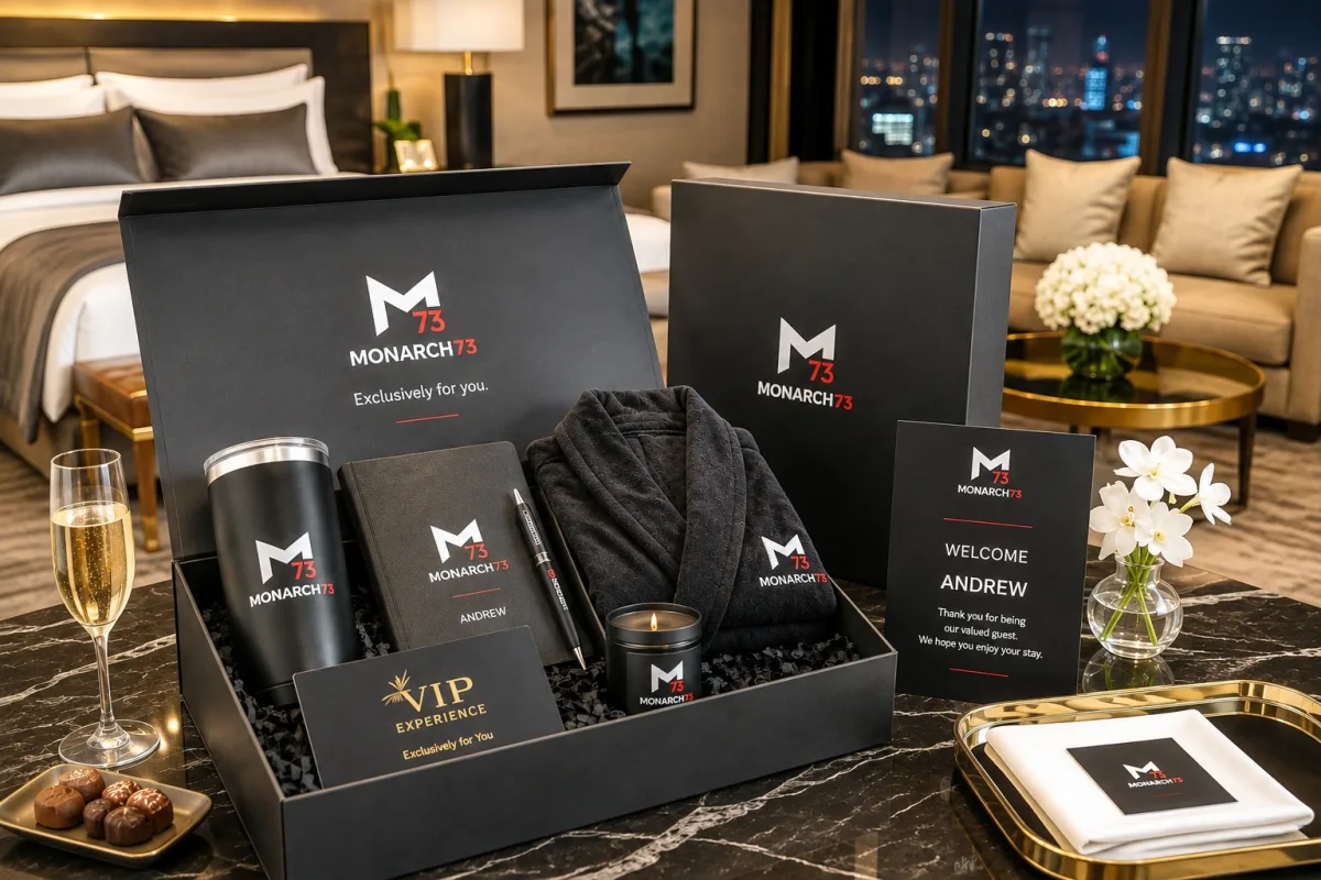 A personalized VIP gift box in a suite — robe, tumbler, monogrammed notebook, candle and a VIP card — with a welcome card naming the guest