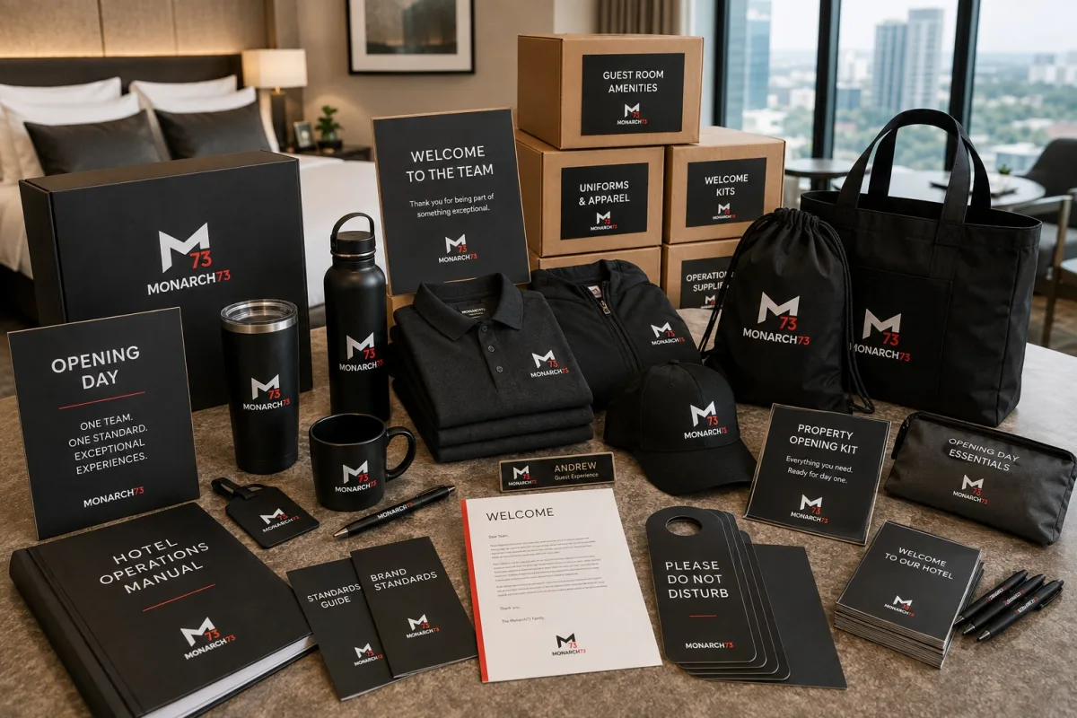 A property opening kit laid out in a guest room: uniforms, name badge, drinkware, door hangers, operations manual, brand standards guide and cartons marked for amenities, uniforms and welcome kits