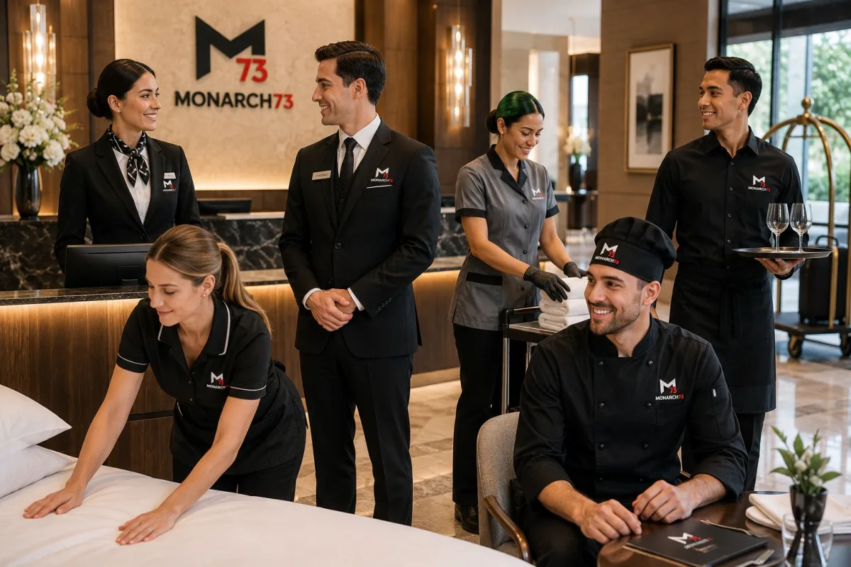 Front desk, concierge, housekeeping, food and beverage and kitchen staff in coordinated branded uniforms across a hotel lobby